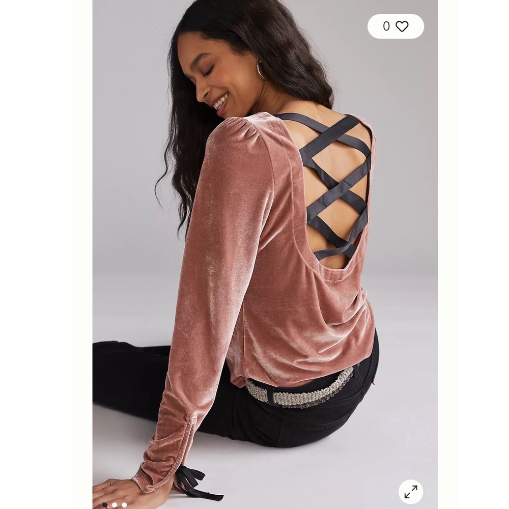 Anthropologie Open Back Velvet Back Top Pink Crisscross Ribbon Long Sleeve Small
